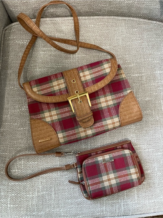 Longaberger Handbags - Vintage Longaberger Homestead Plaid Crossbody/Basket Weave Leather w/Wristlet